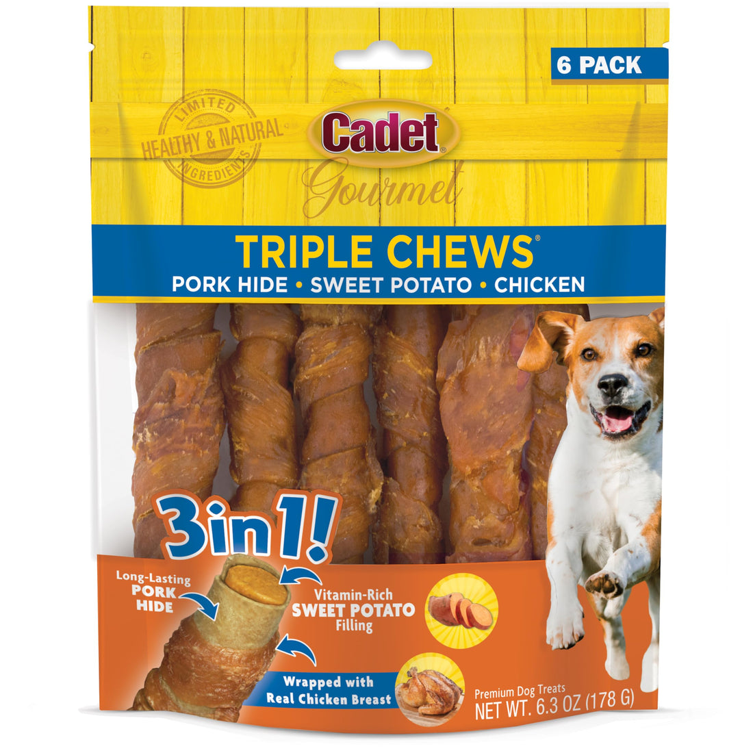 Cadet Gourmet Triple Chews Long-Lasting Pork Hide Sticks with Sweet