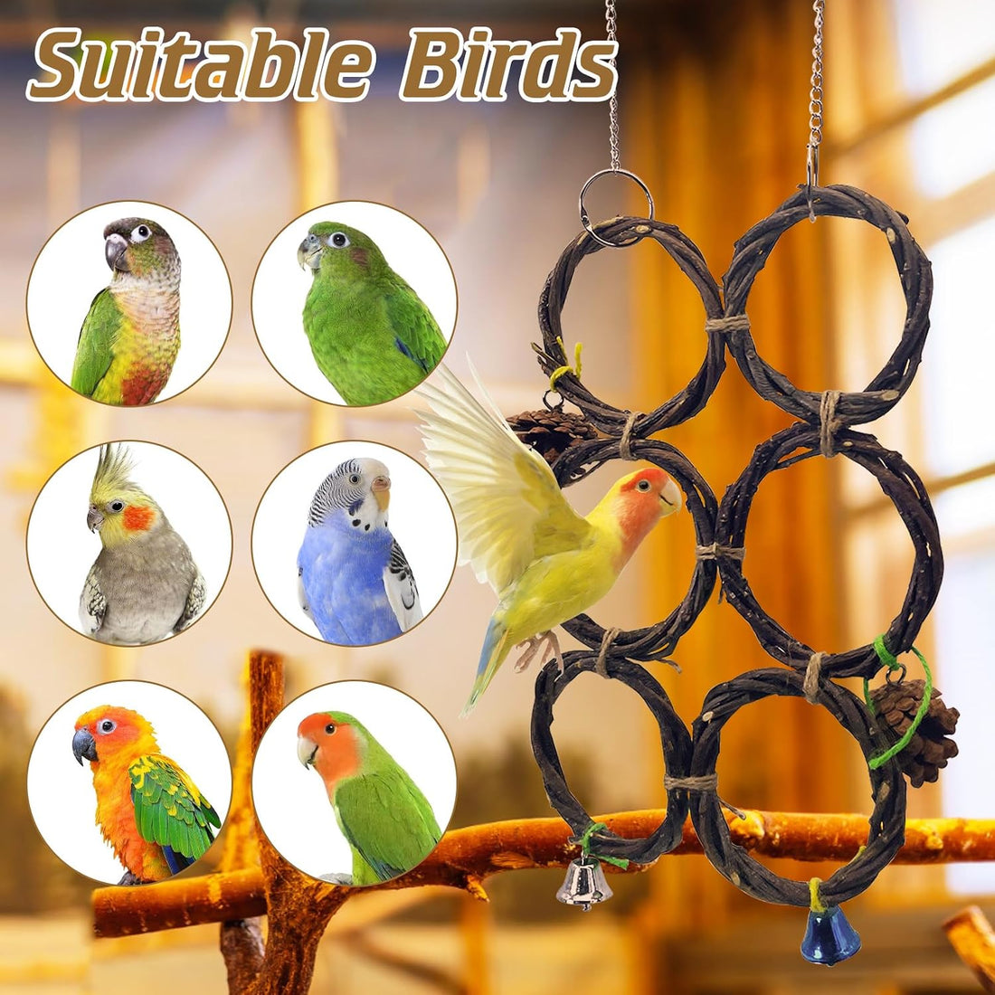 BNOSDM Bird Swing Rings Toy Wood Parrot Perches Natural Climbing