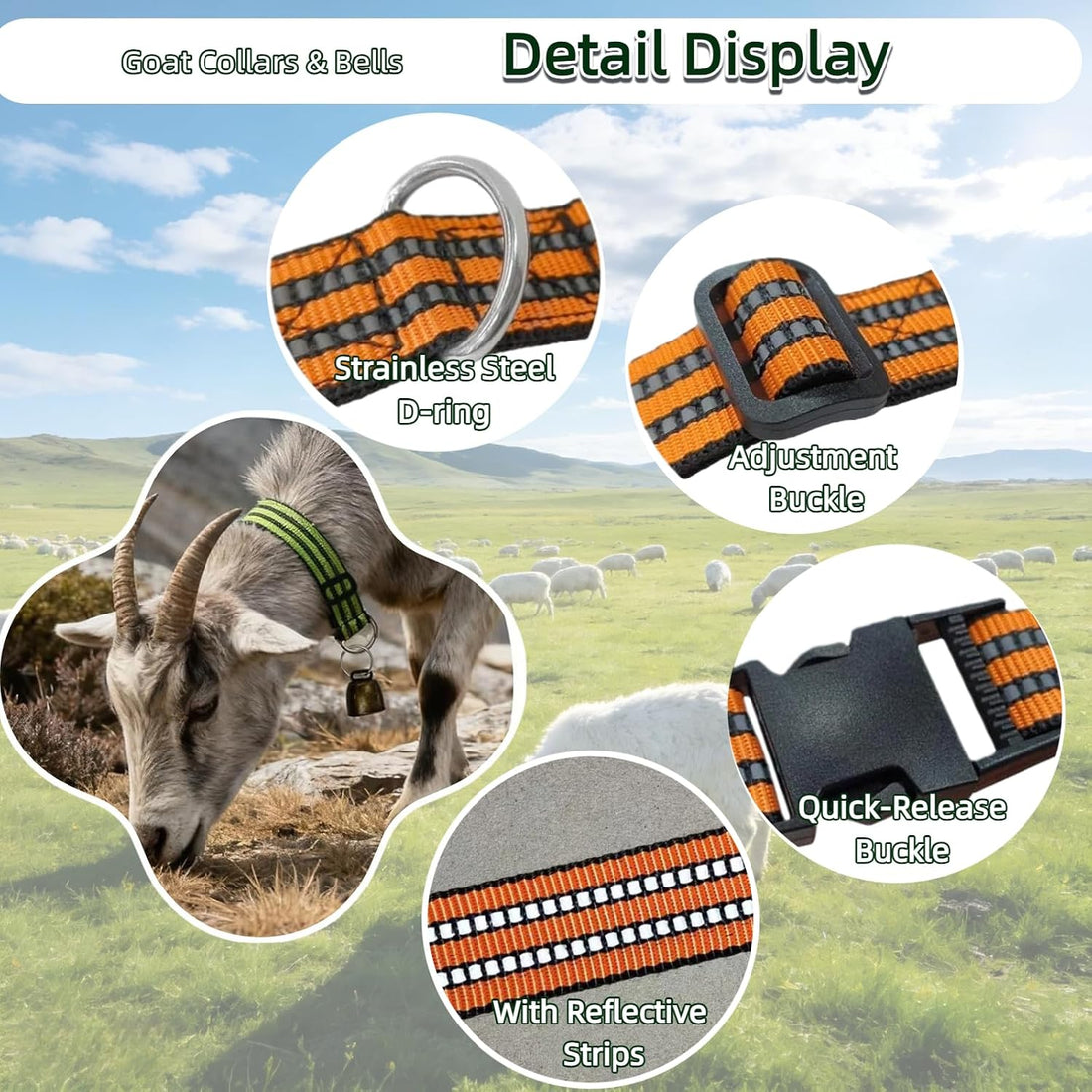 Goat Collars and Bells，Durable Nylon Adjustable Collar