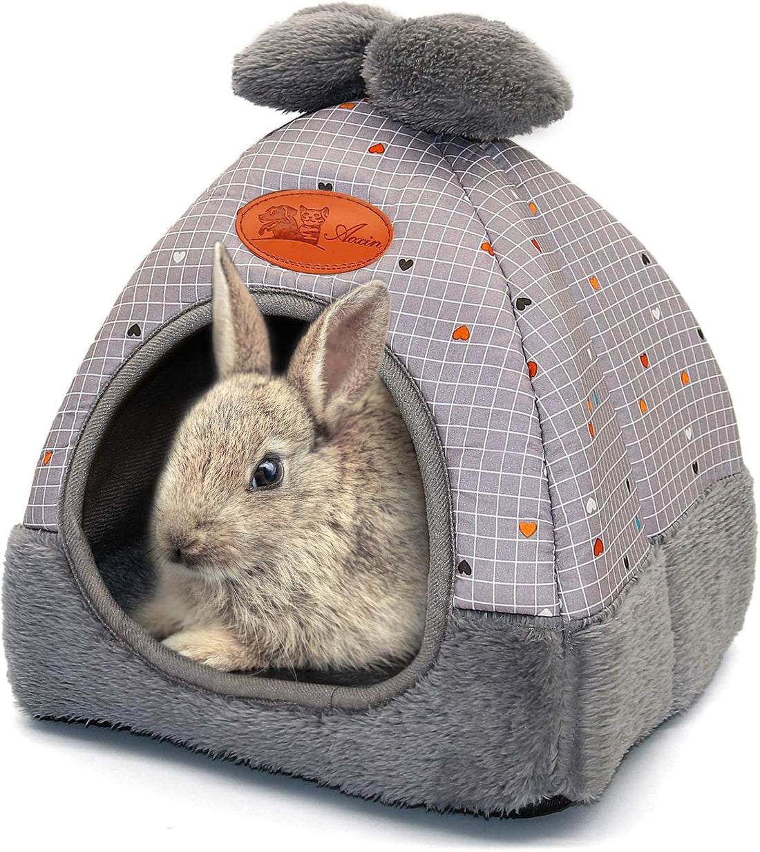 YUEPET Bunny Bed, Rabbit Hideout, Guinea Pig Cave, Grey Grid with Bow