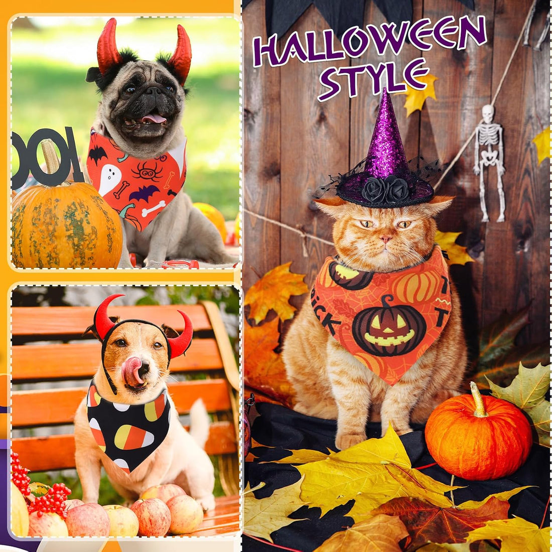 Abbylike 100 Pcs Halloween Dog Bandanas Bulk, Pumpkin Ghost Bat Skull