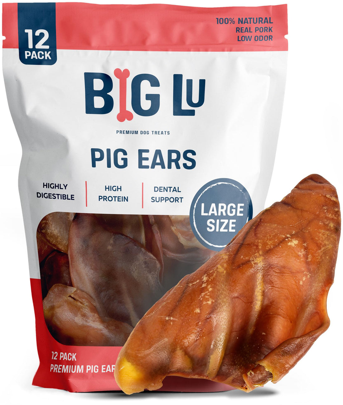 Big Lu – Whole Pig Ears for Dogs, 12 Count