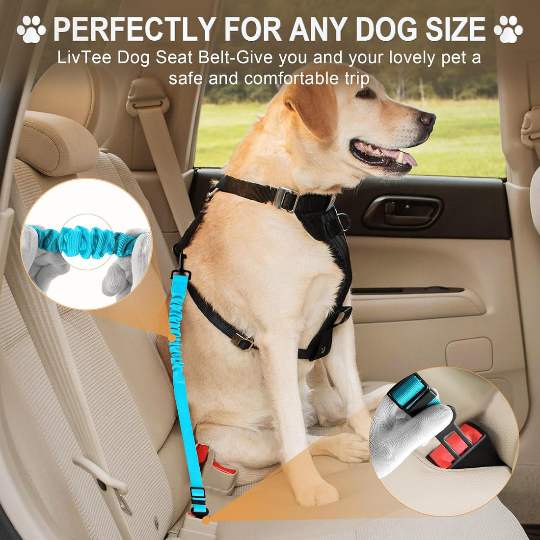 LivTee Dog Seat Belt for Car, Retractable Pet Safety Harness