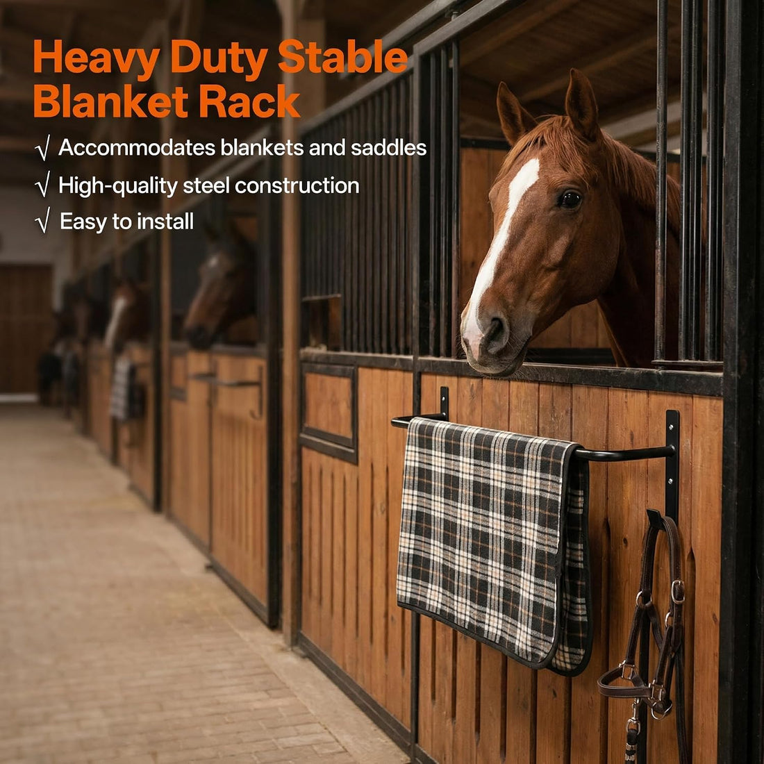 4 Pack Horse Blanket Rack, 34 Inch Wall Mounted Bar with Bridle Hooks