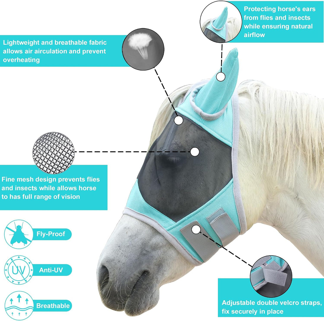 Horse Fly Mask with Ears, Full Face Equine Fly Mask UV Protection
