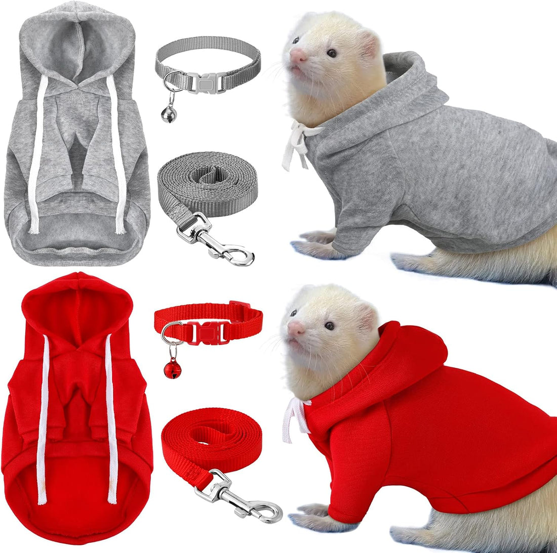 Foaincore 6 Pcs Ferret Clothes Hoodie Sweater Leash Harness Set Grey