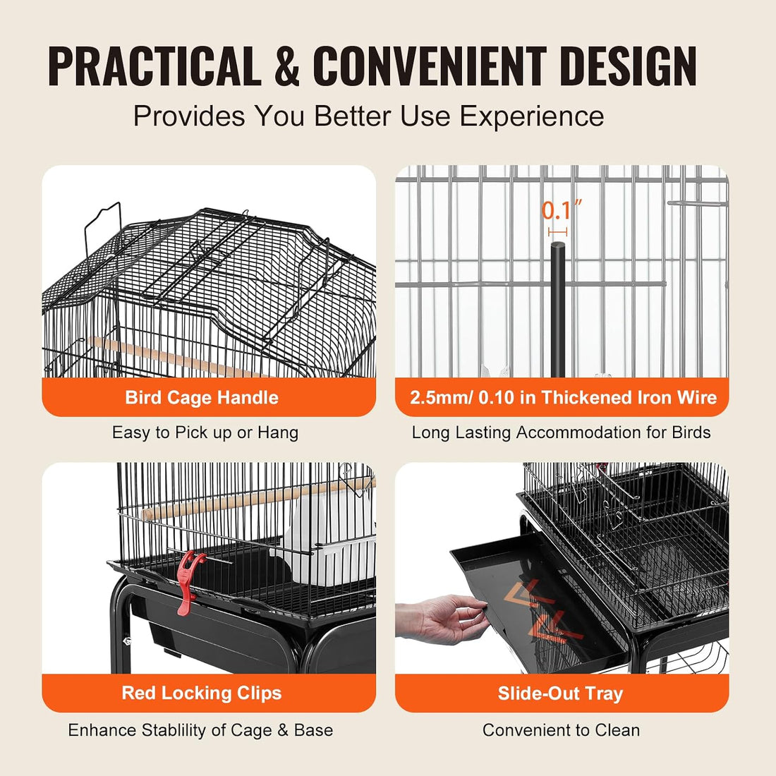 VEVOR 64-inch Open Top Large Parrot Bird Cage with Detachable Rolling