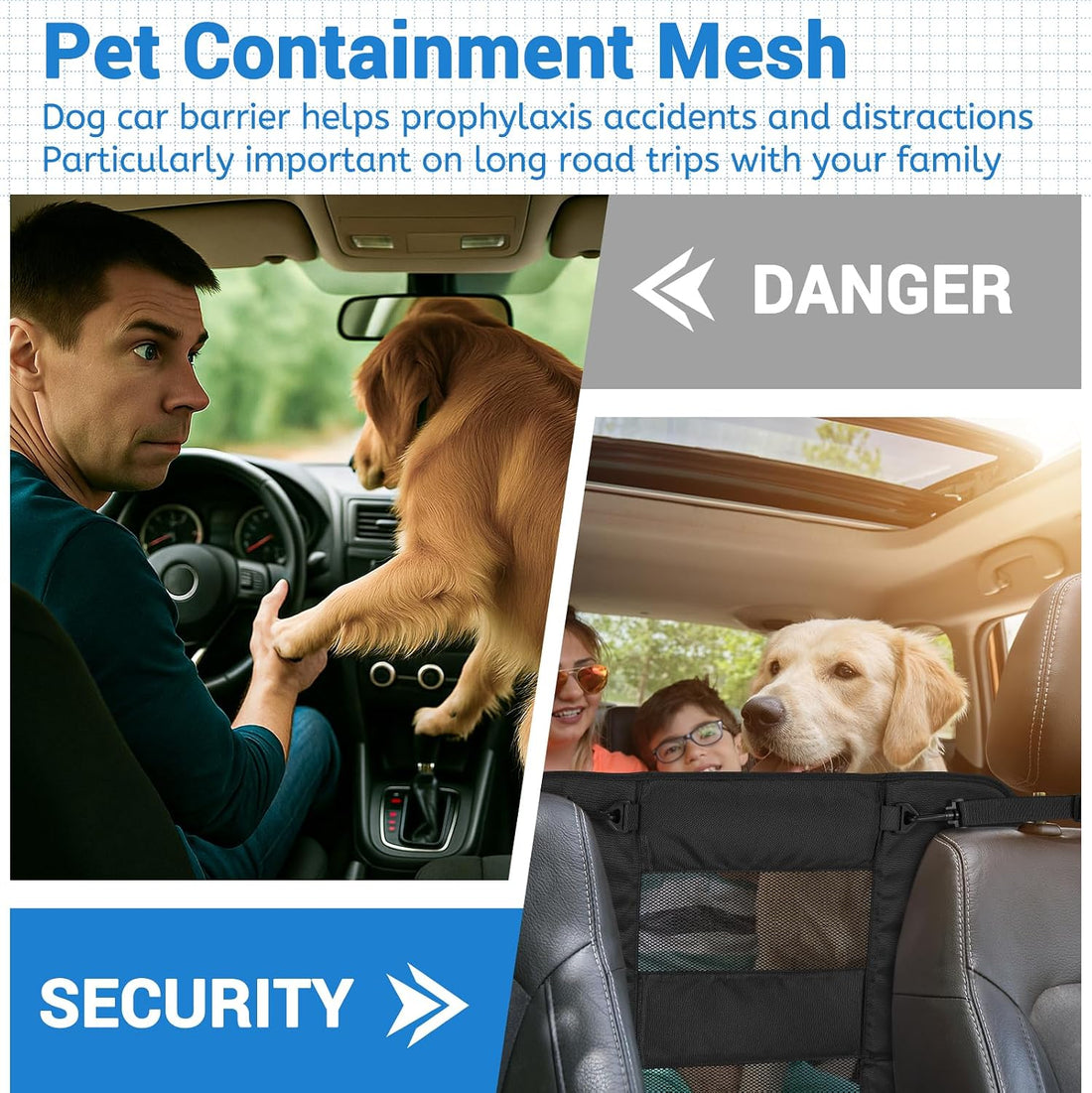 Dog Car Barrier for Back Seat, Padded Nylon Net, 2 Mesh Windows