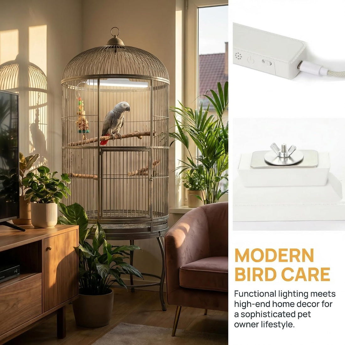 Bird Cage LED Light 3 Color Modes, USB Rechargeable