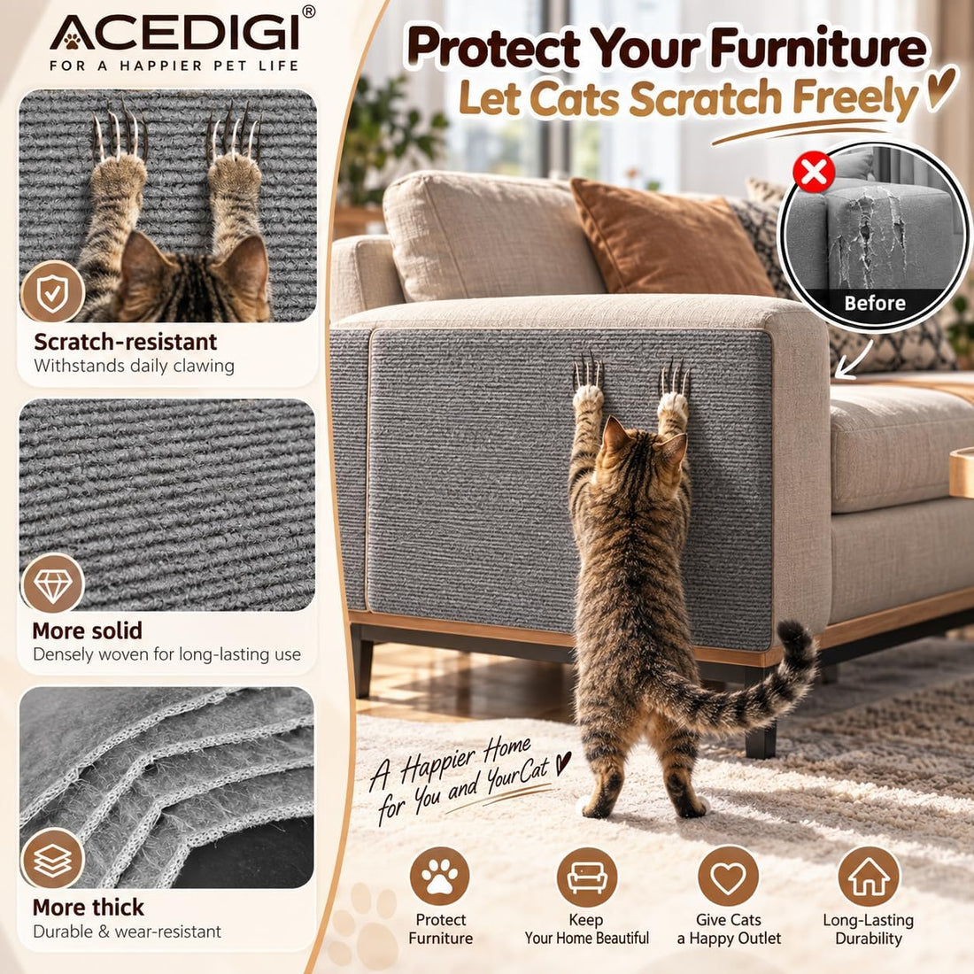 4Pack Cat Scratch Furniture Protector, Self-Adhesive, Light Gray