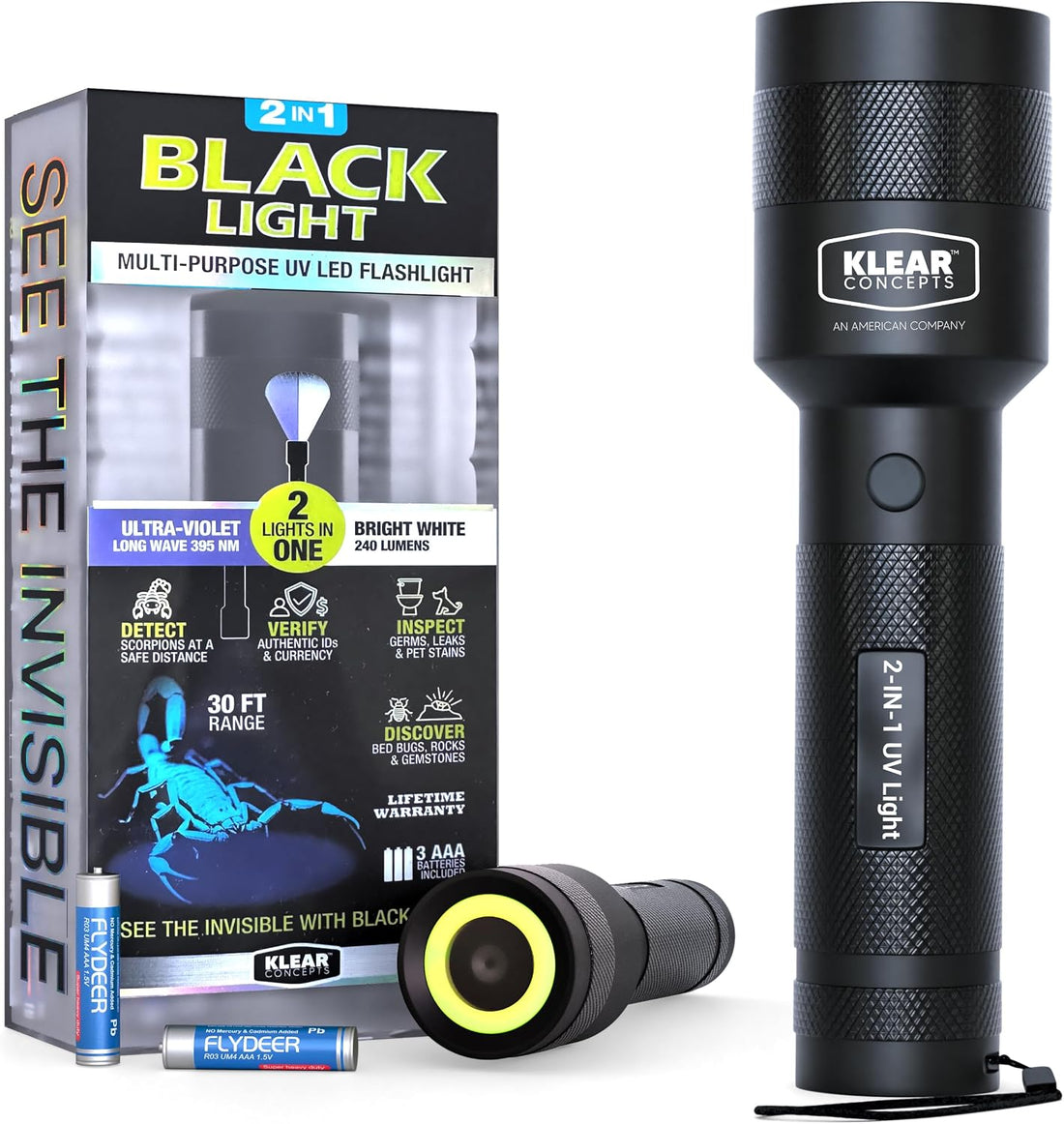 UV Flashlight, 2-in-1 Blacklight & White Light Mode, 395nm UV