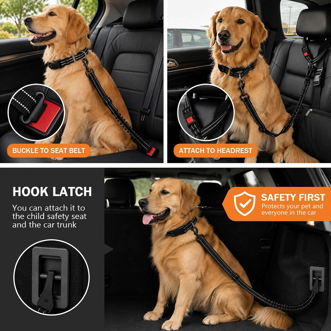 Removable Dog Seat Belt for Car,Adjustable Dog Car Harness with Bungee