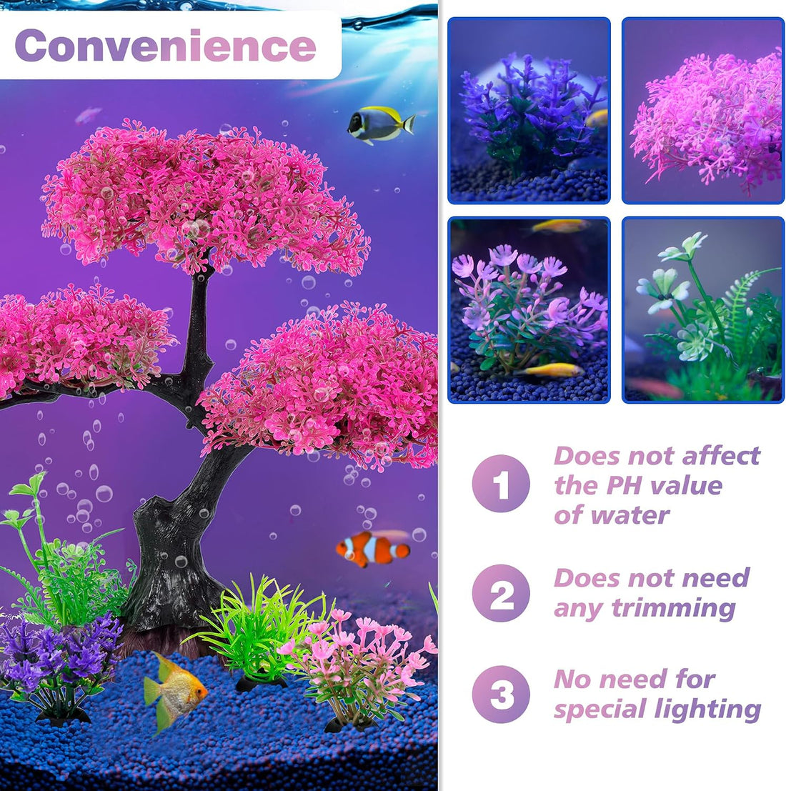 Ameliade Pink Artificial Plastic Tree Aquarium Plants Decor Set, 11PCS