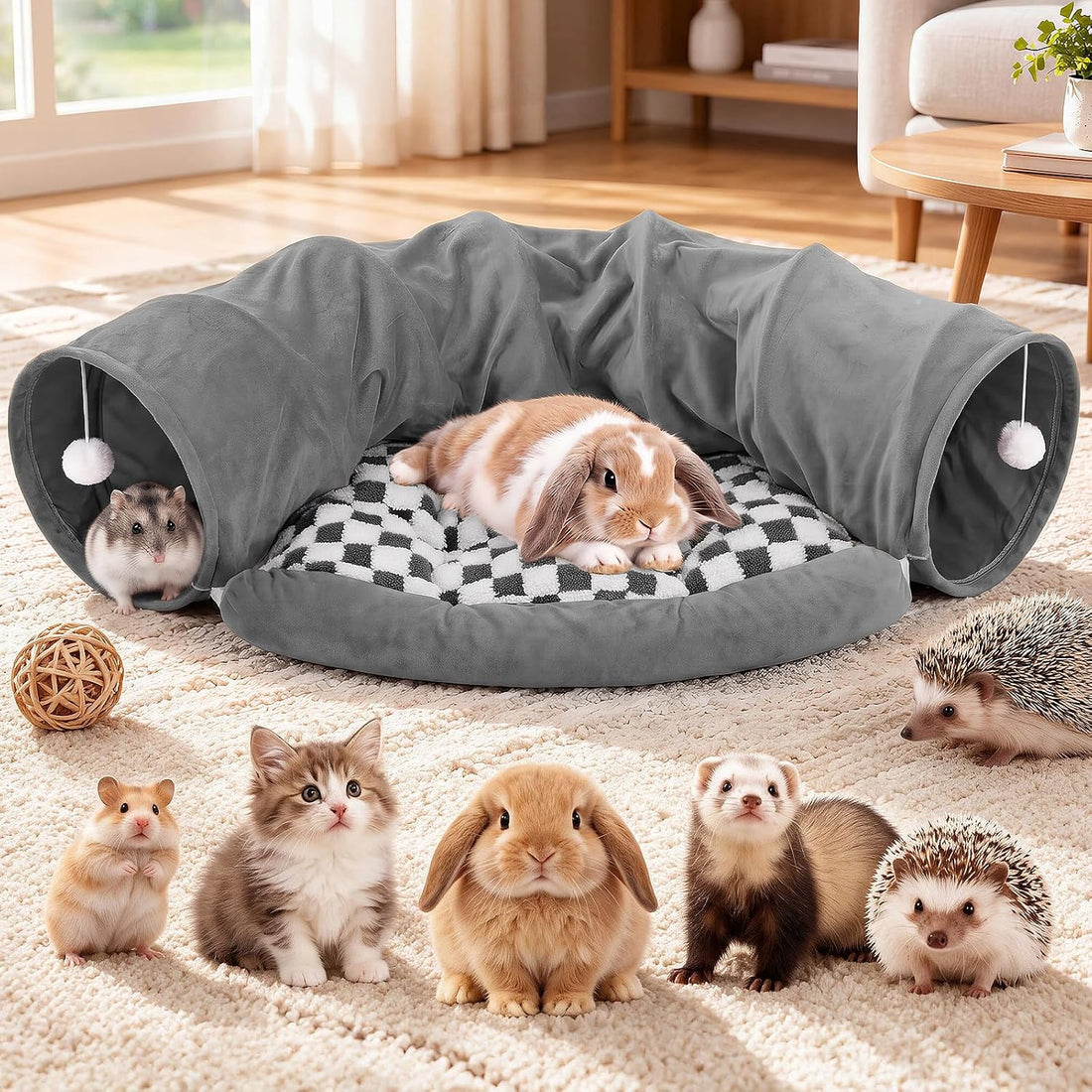 Bunny Tunnel for Rabbits, 2-in-1 Rabbit Tube Toys with Removable Mat