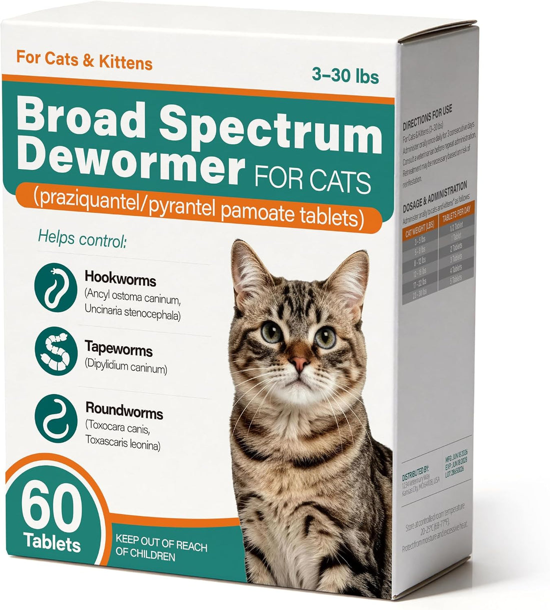 DEwormer for Cats, Broad Spectrum Tablets for Cats & Kittens, 60 Count