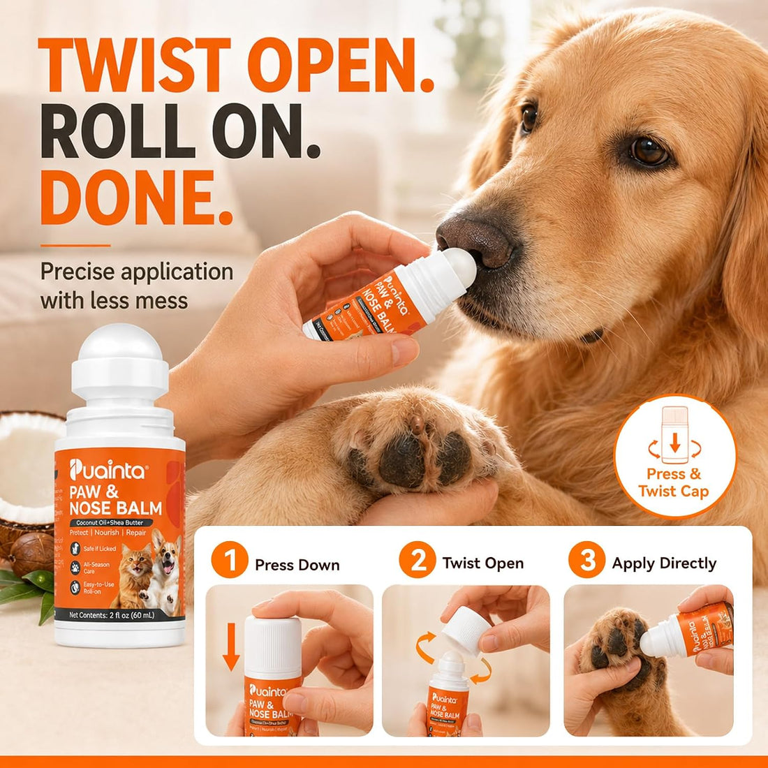 PUAINTA Dog Paw Nose Balm Roll On Lick Safe Moisturizer Paw Protector
