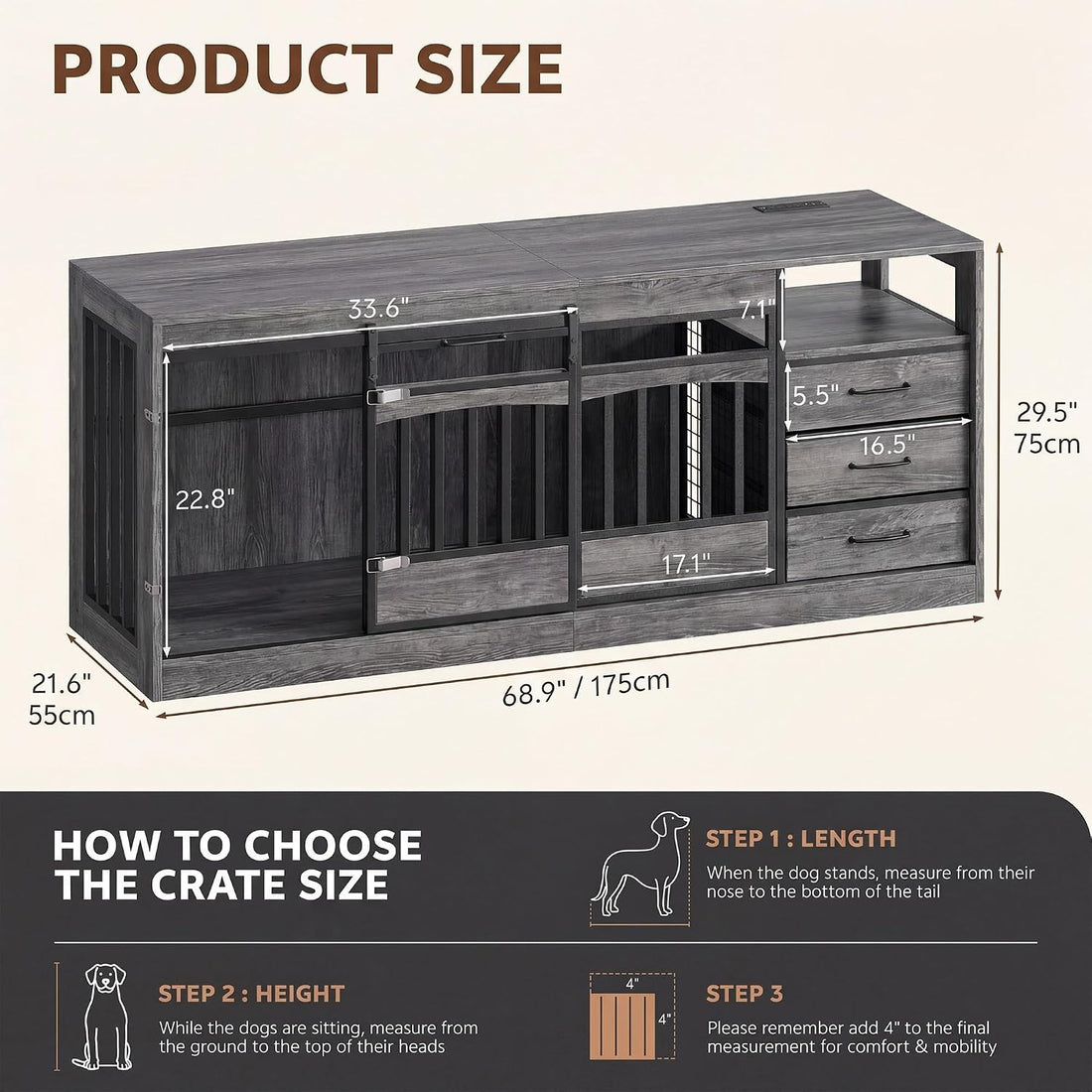 68.9" Double Dog Crate Furniture with 3 Storage Drawers,Grey