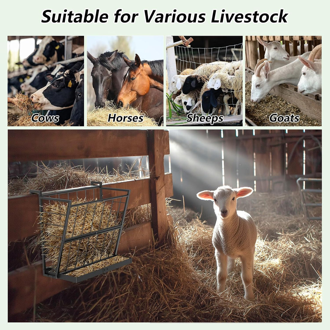 2-in-1 Wall Mount Hay Feeder, Black Grain Rack for Goats, Horses