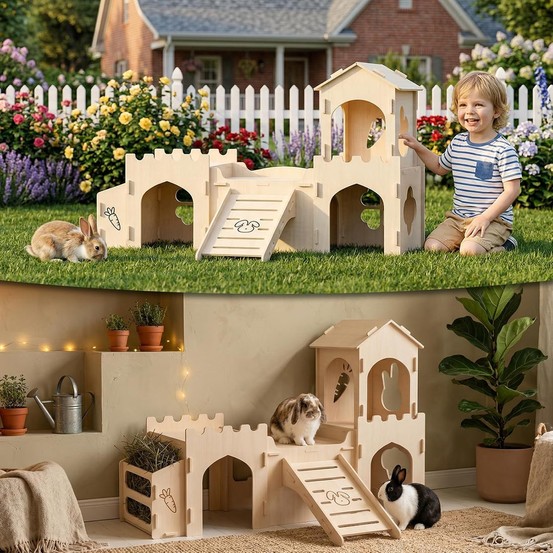Wooden Rabbit House,Extra Large 2-Level Bunny Castle with Feeder