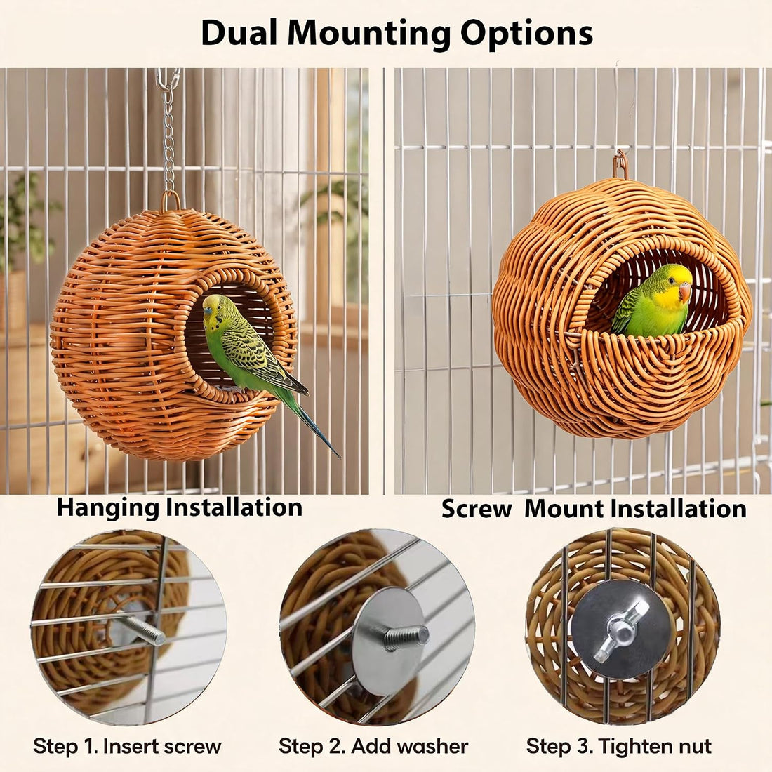 Bird Nest for Cage, Hanging Rattan Parakeet Nest，Washable Breathable