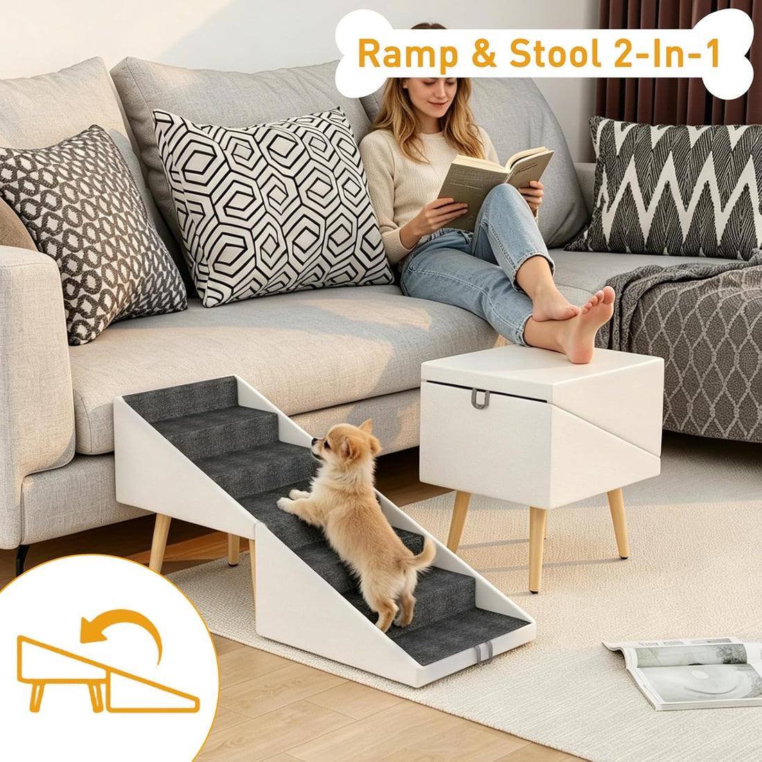 Dog Stairs for High Bed & Couch, 2-in-1 Foldable Ottoman Dog Ramp