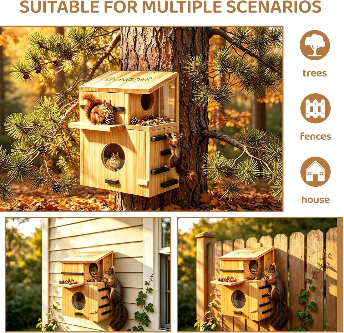 Large Wooden Squirrel House for Outside with Window Dual Balconies