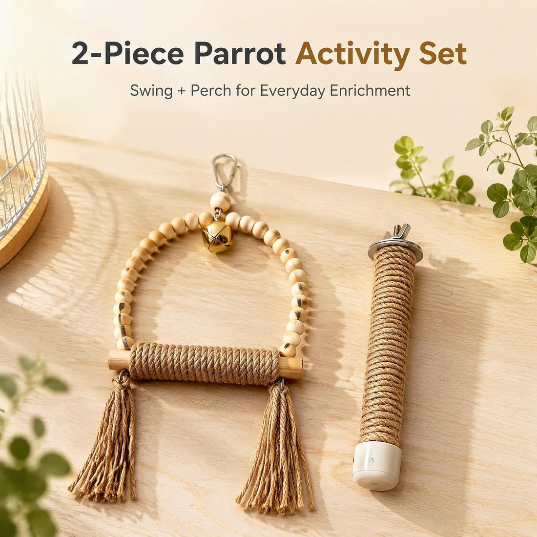 Natural Wood Bird Swing Toy with Hemp Rope Perch for Small Parrots