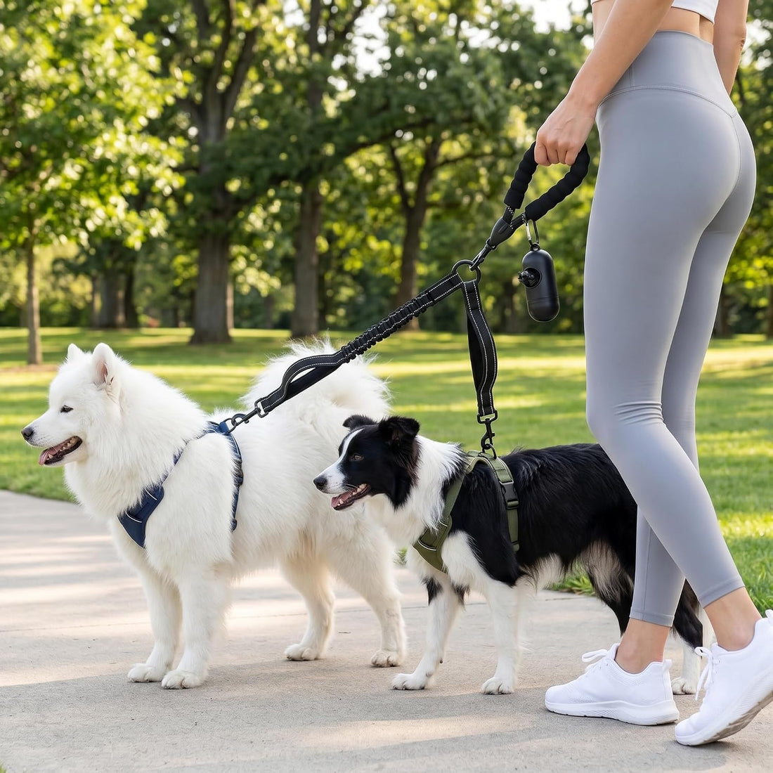 Double Dog Leash, Reflective Shock Absorbing Bungee for 2 Dogs