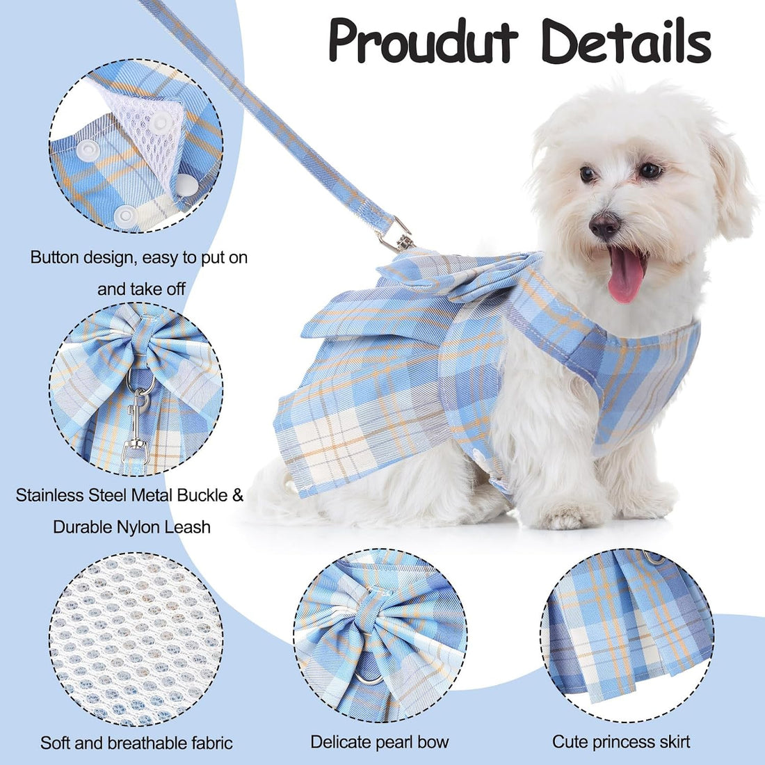 Potchen 4 Pcs Plaid Dog Dresses, XS, 11 in