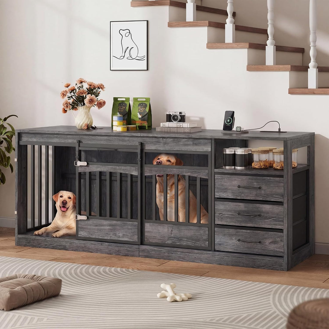 68.9" Double Dog Crate Furniture with 3 Storage Drawers,Grey