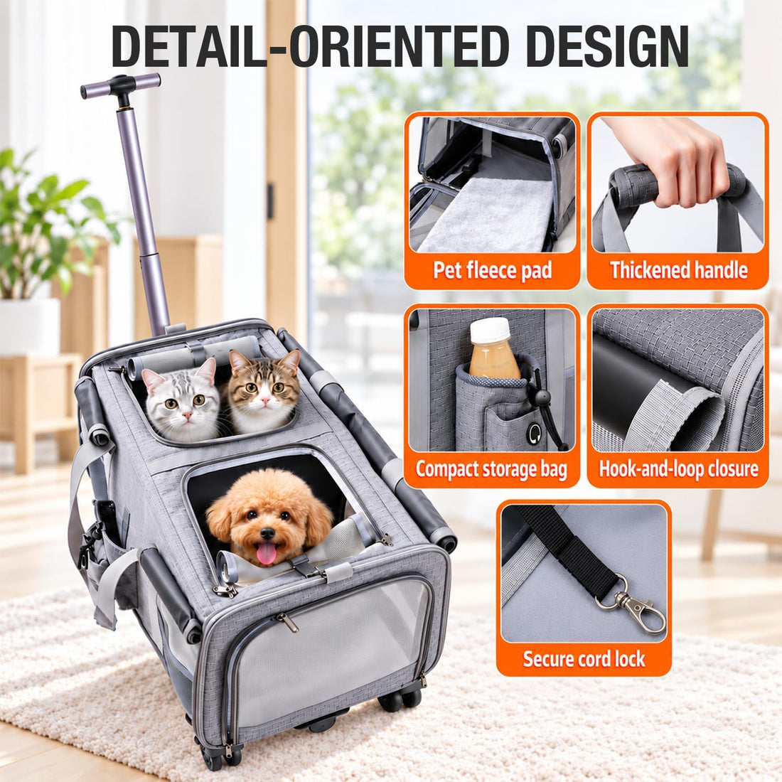 Large Cat Carrier for 2 Cats with Wheels, Double Rolling Pet Carrier