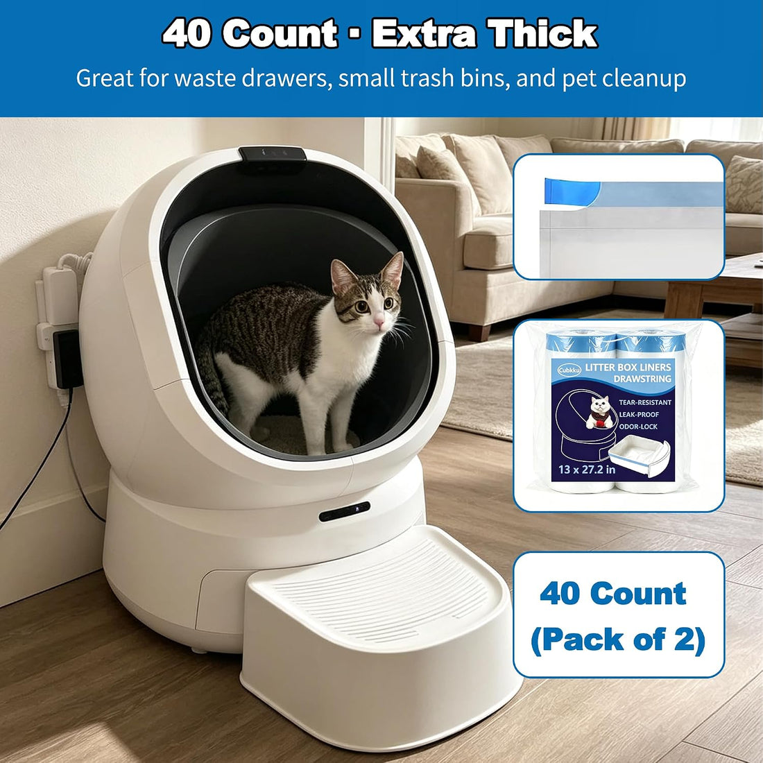40 Count Cat Litter Box Bags|27.2" x 13"for Automatic Cat Litter Box