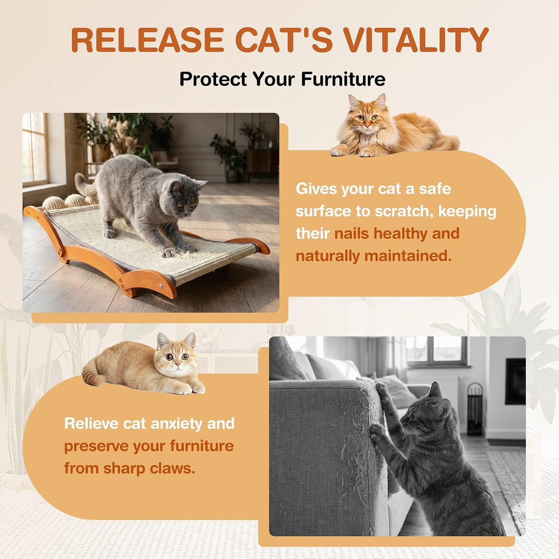 Extra Large Cat Scratcher Bed with 3 Sisal Balls, Wood Lounge