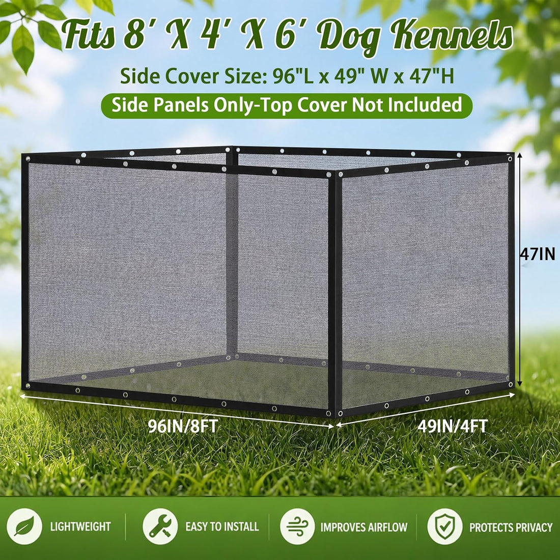 Outdoor Dog Kennel Side Shade Screen Only, Fits 8' x 4' x 6' Cage