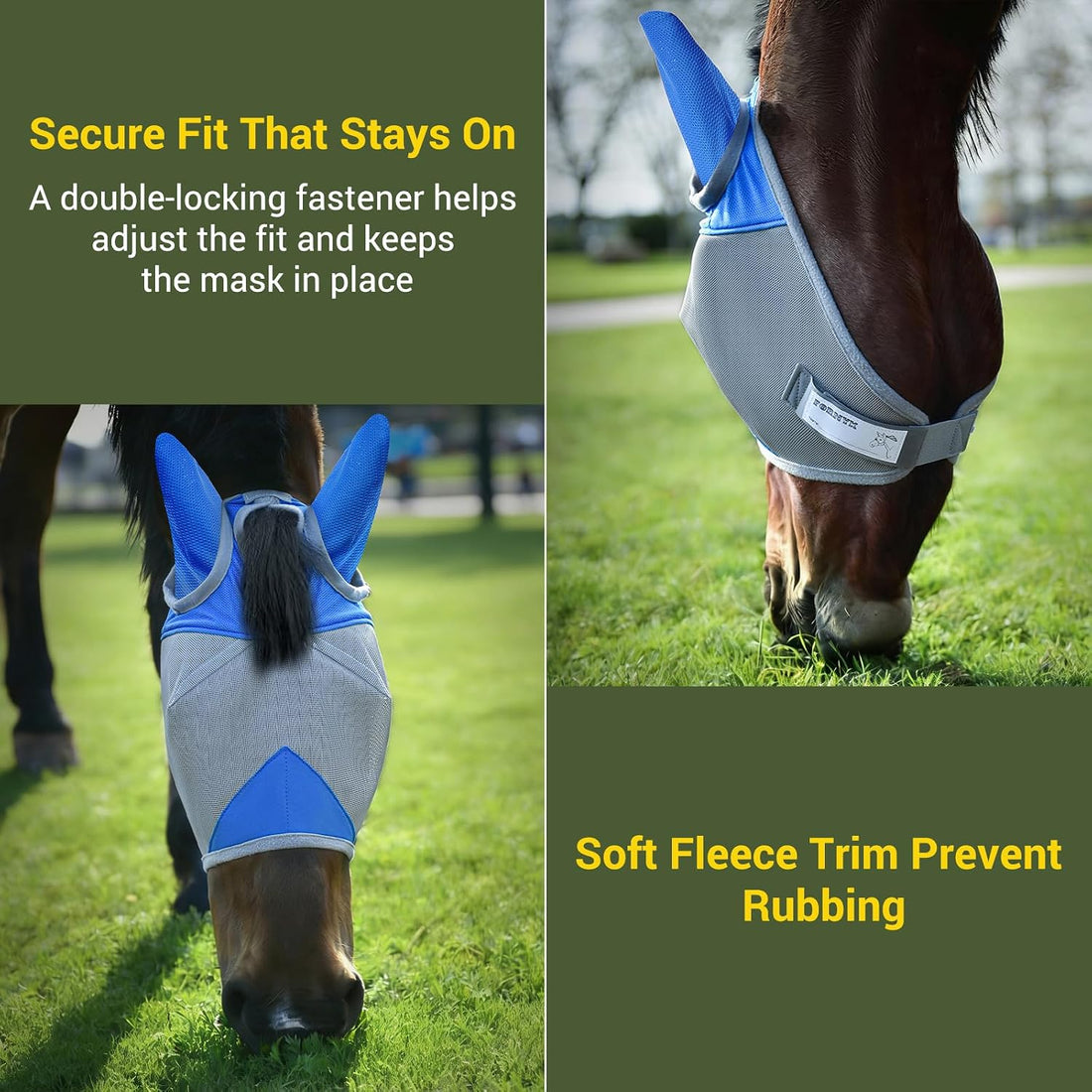 Horse Fly Mask with Ears, UV Block Breathable Mesh (Blue, L)