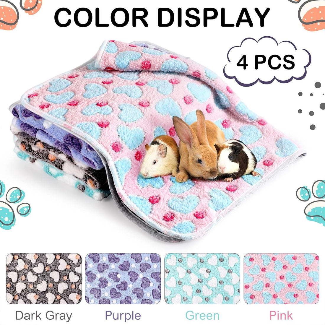 Reginary 4 Pcs Guinea Pig Fleece Cage Liners, Heart Pattern