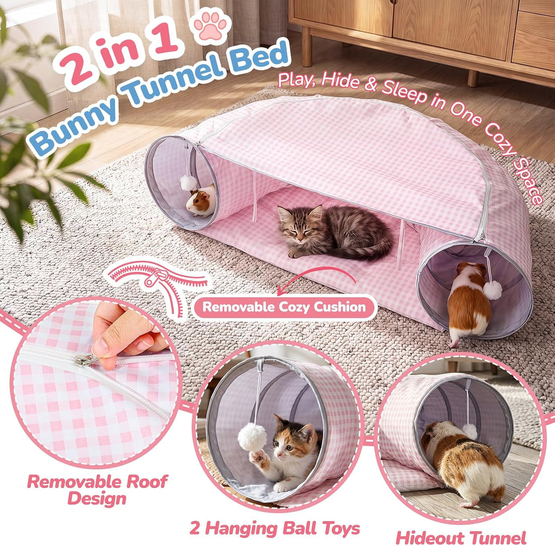 Bunny Tunnel Bed, 2-in-1 Collapsible Rabbit Guinea Pig Hideout