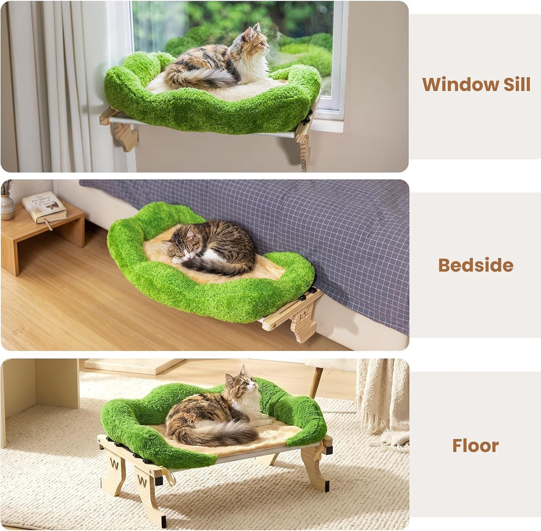 WOOCHPET Wooden Cat Window Perch, Cat Window Bed with Soft Cushion