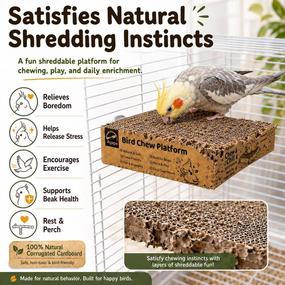 Agape Parrot Chew Toy, Shreddable Cardboard Bird Platform
