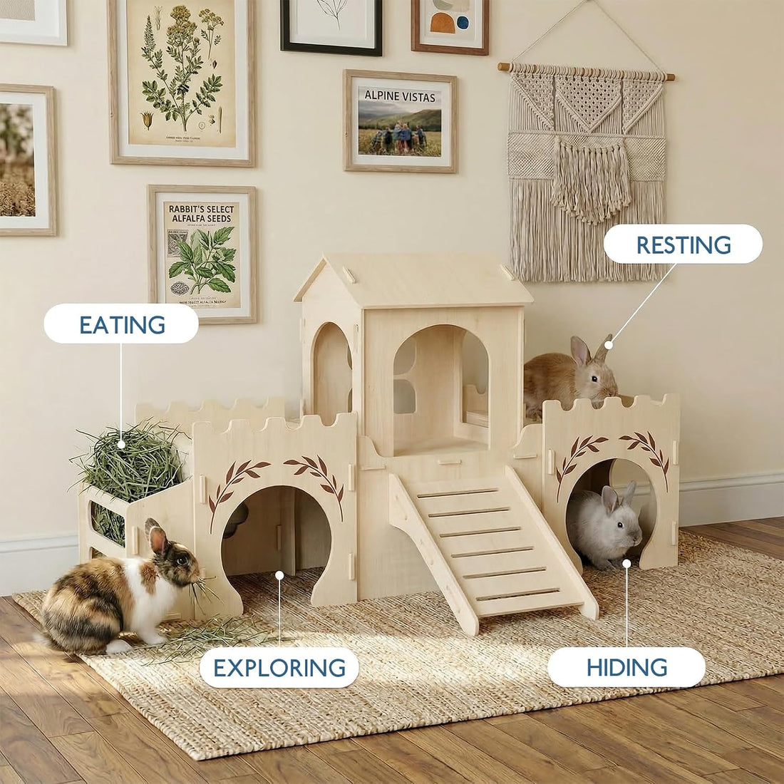 2-Level Wooden Rabbit Castle with Ramp and Hay Feeder