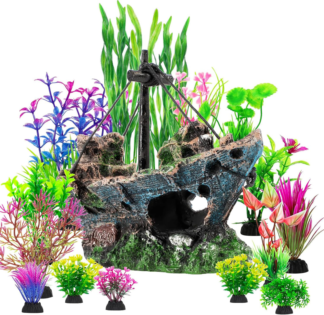 8Pcs Fish Tank Decorations Set Sunken Ship Decoration,Resin Material