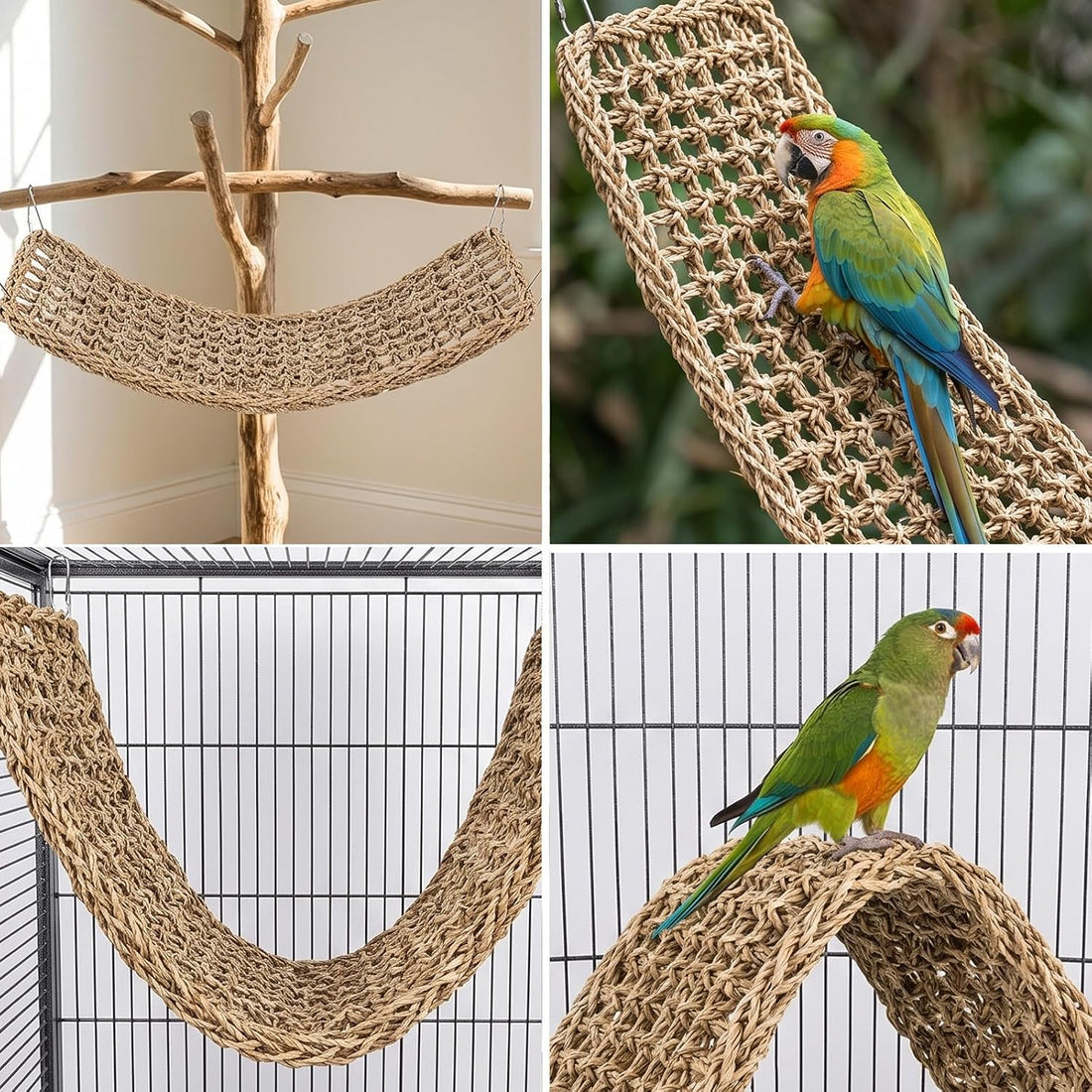 2Pcs Seagrass Mat for Birds, Bird Cage Accessories with 8 Hooks