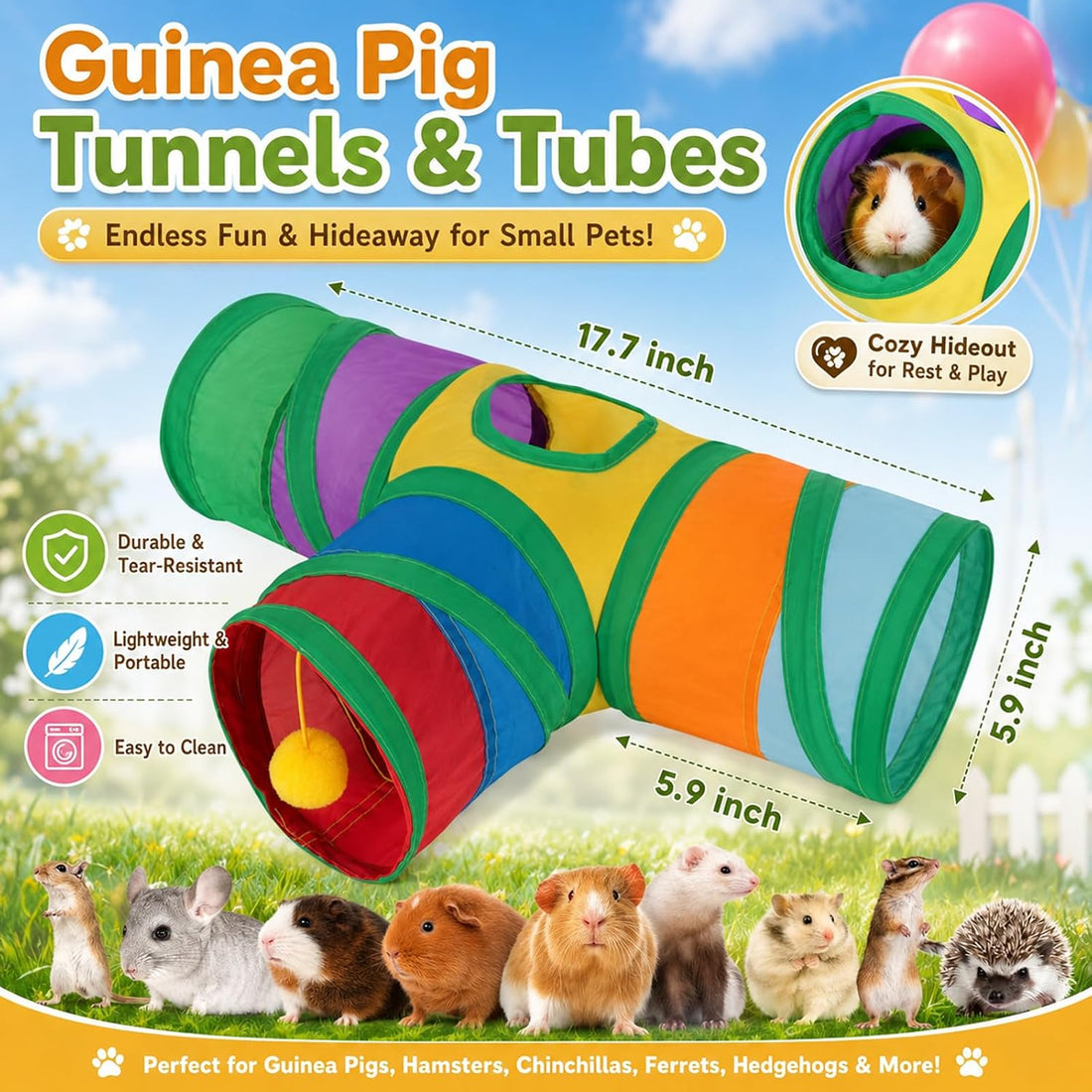 Rypet Guinea Pig Tunnel Hideout 3-Way Collapsible Small Pet Tubes