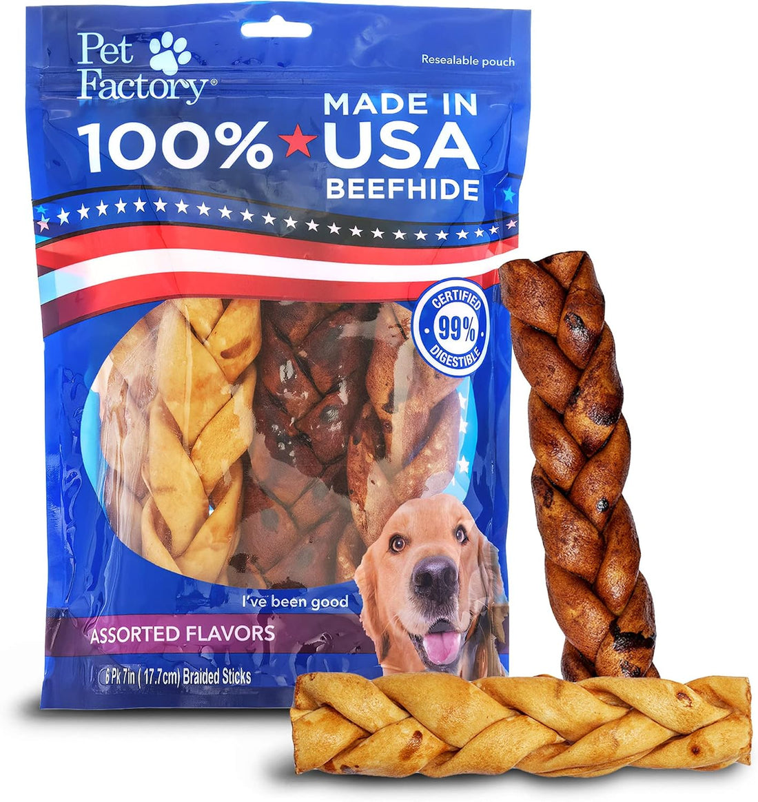 Pet Factory 7in Braided Beefhide Dog Chew Sticks with Peanut Butter