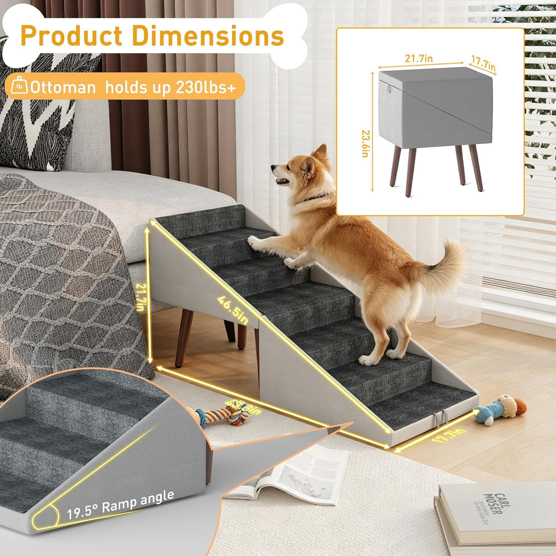 Dog Stairs for High Bed & Couch, 2-in-1 Foldable Ottoman Dog Ramp