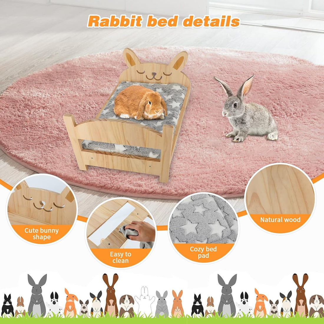 Large Wooden Rabbit Bed, 2-in-1 Bunny Bed with Gray Star Mat