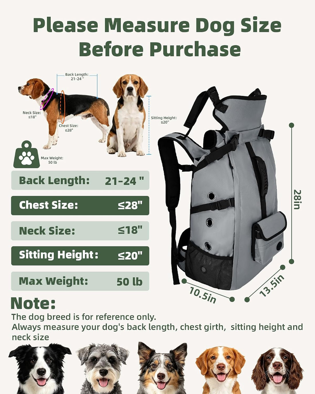 Breathable Dog Hiking Backpack Carrier for Large Dogs, Grey