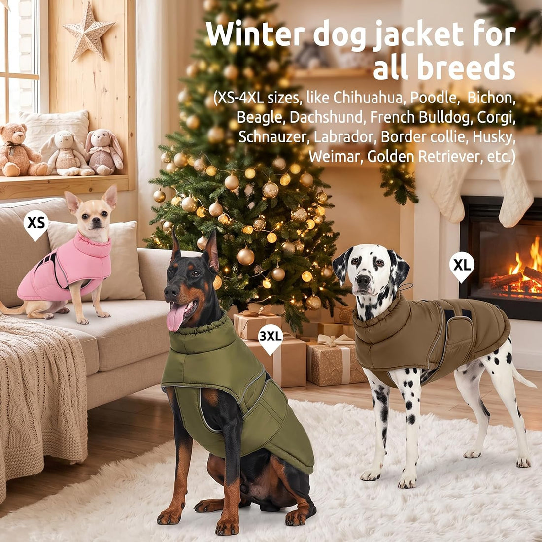 XXL Dog Coat Dog Cold Weather Reflective Jacket with Harness Hole