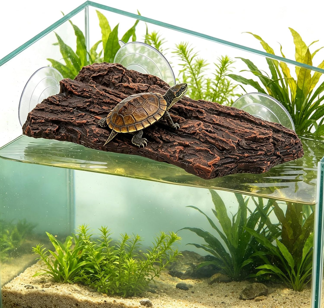 Turtle Basking Platform, Resin Bark‑Textured Turtle Dock with 3
