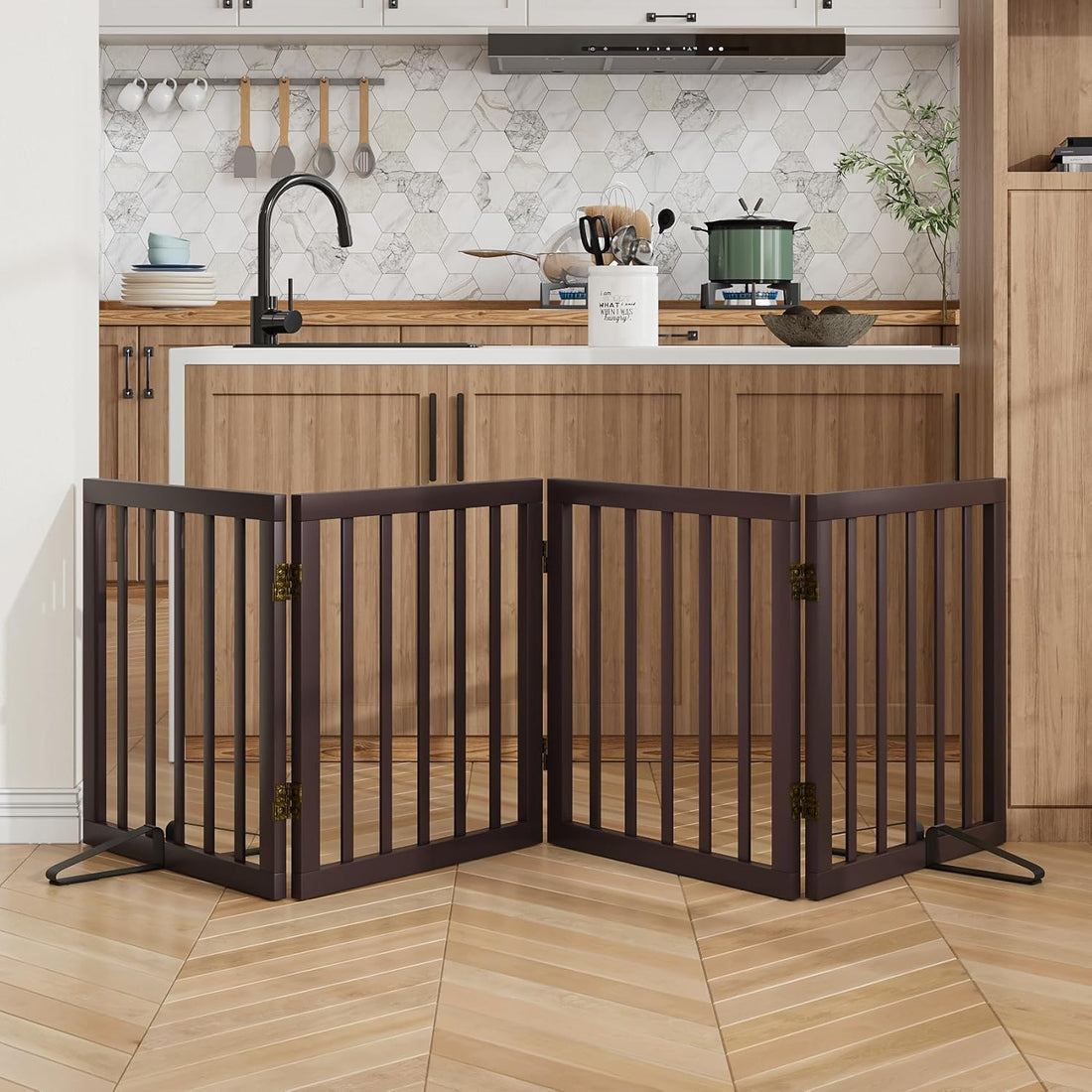 Wooden Dog Gate Freestanding Foldable 4 Panel Pet Gates Extra Wide
